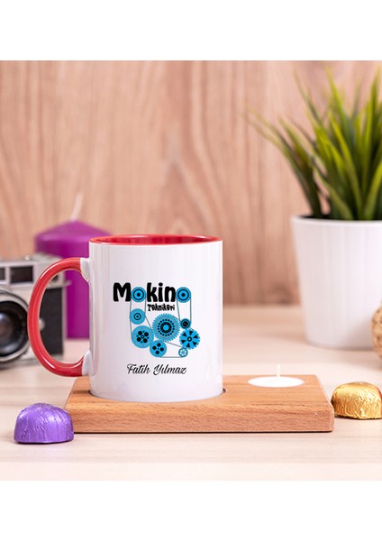Kişiye Özel Makine Teknikeri Ahşap Altlıklı Mumlu Kırmızı Kupa Bardak