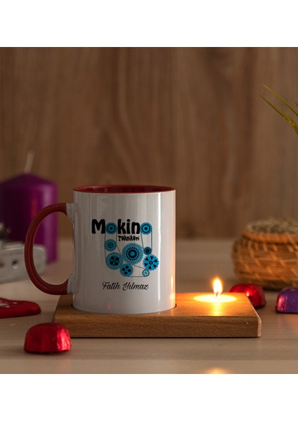 Kişiye Özel Makine Teknikeri Ahşap Altlıklı Mumlu Kırmızı Kupa Bardak modelleri