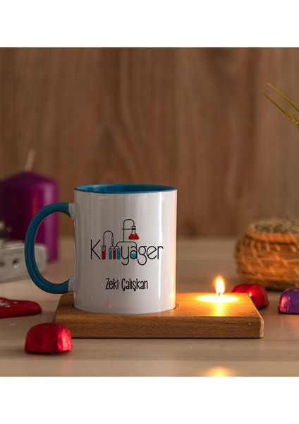 Kişiye Özel Kimyager Ahşap Altlıklı Mumlu Mavi Kupa Bardak