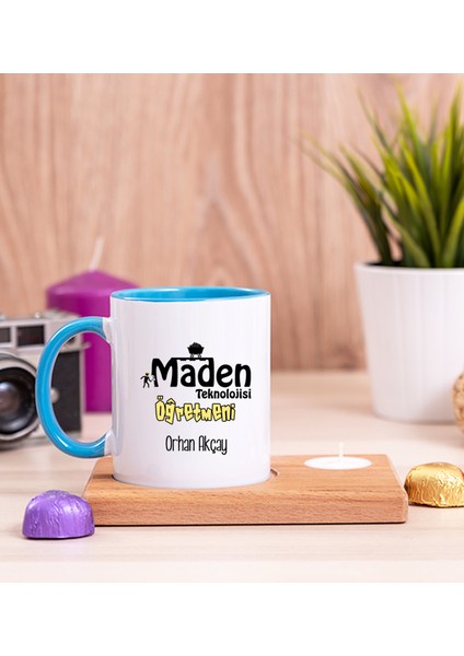 Kişiye Özel Maden Teknolojisi Öğretmeni Ahşap Altlıklı Mumlu Mavi Kupa Bardak