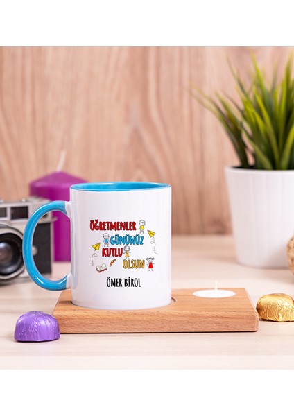 Kişiye Özel Öğretmenler Günü Ahşap Altlıklı Mumlu Mavi Kupa Bardak