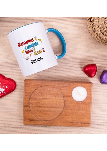 Kişiye Özel Öğretmenler Günü Ahşap Altlıklı Mumlu Mavi Kupa Bardak fiyatları