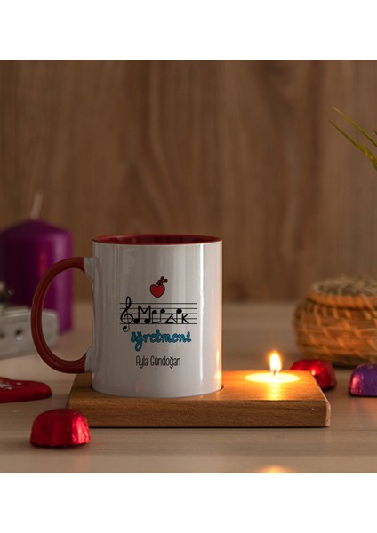Kişiye Özel Müzik Öğretmeni Ahşap Altlıklı Mumlu Kırmızı Kupa Bardak modelleri