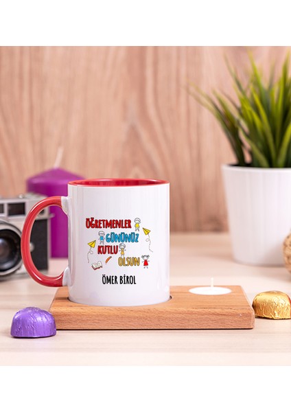 Kişiye Özel Öğretmenler Günü Ahşap Altlıklı Mumlu Kırmızı Kupa Bardak