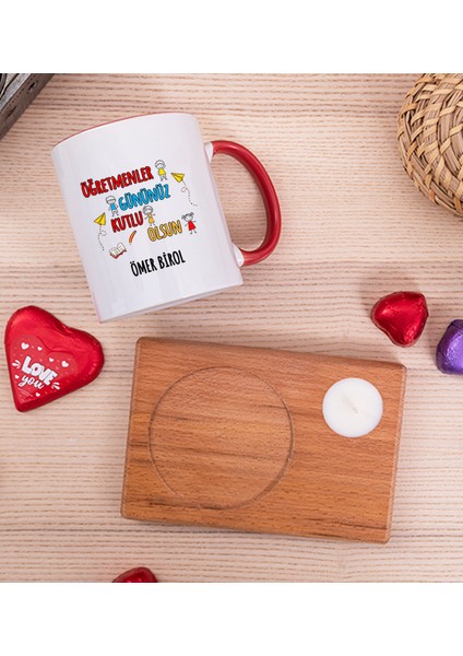 Kişiye Özel Öğretmenler Günü Ahşap Altlıklı Mumlu Kırmızı Kupa Bardak fiyatları