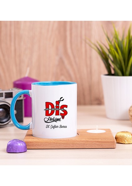 Kişiye Özel Diş Hekimi Ahşap Altlıklı Mumlu Mavi Kupa Bardak
