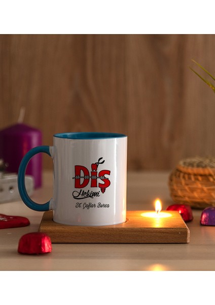 Kişiye Özel Diş Hekimi Ahşap Altlıklı Mumlu Mavi Kupa Bardak modelleri