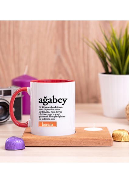 Kişiye Özel Ağabey Kelime Anlamı Ahşap Altlıklı Mumlu Kırmızı Kupa Bardak