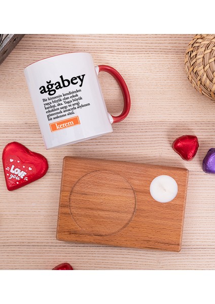 Kişiye Özel Ağabey Kelime Anlamı Ahşap Altlıklı Mumlu Kırmızı Kupa Bardak fiyatları