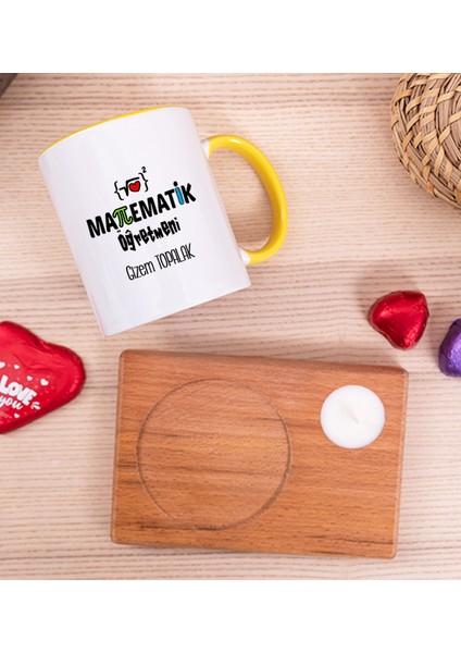 Kişiye Özel Matematik Öğretmeni Ahşap Altlıklı Mumlu Sarı Kupa Bardak fiyatları