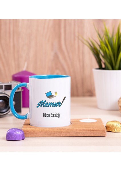 Kişiye Özel Memur Ahşap Altlıklı Mumlu Mavi Kupa Bardak