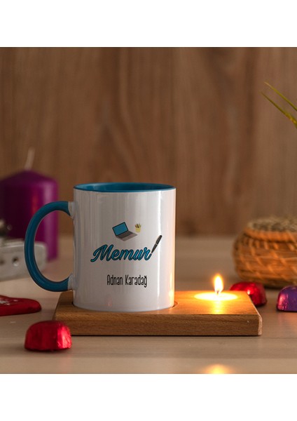 Kişiye Özel Memur Ahşap Altlıklı Mumlu Mavi Kupa Bardak