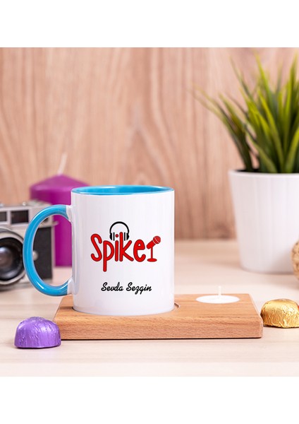 Kişiye Özel Spiker Ahşap Altlıklı Mumlu Mavi Kupa Bardak