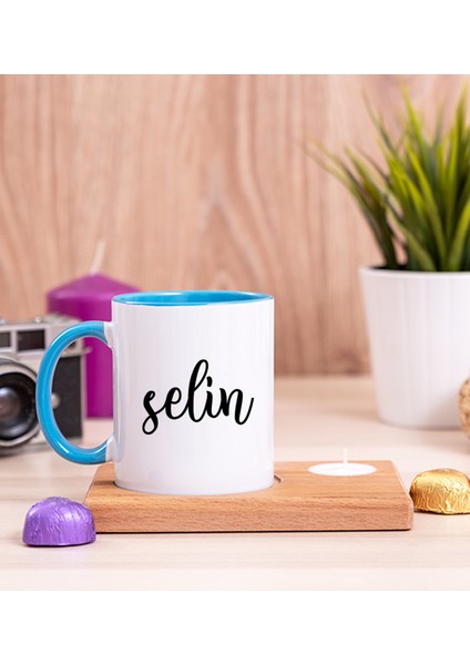 Kişiye Özel Kişiye Özel Isim Yazılı Ahşap Altlıklı Mumlu Mavi Kupa Bardak