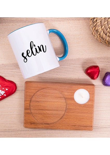 Kişiye Özel Kişiye Özel Isim Yazılı Ahşap Altlıklı Mumlu Mavi Kupa Bardak fiyatları