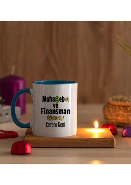 Kişiye Özel Muhasebe ve Finansman Öğretmeni Ahşap Altlıklı Mumlu Mavi Kupa Bardak modelleri