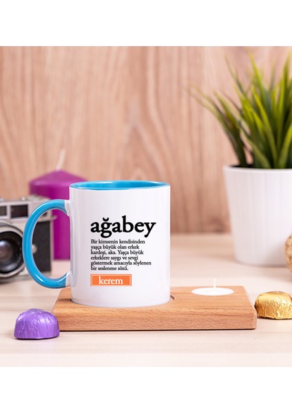 Kişiye Özel Ağabey Kelime Anlamı Ahşap Altlıklı Mumlu Mavi Kupa Bardak