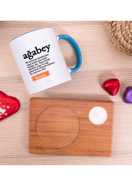 Kişiye Özel Ağabey Kelime Anlamı Ahşap Altlıklı Mumlu Mavi Kupa Bardak fiyatları