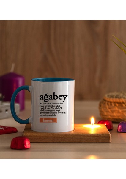 Kişiye Özel Ağabey Kelime Anlamı Ahşap Altlıklı Mumlu Mavi Kupa Bardak modelleri