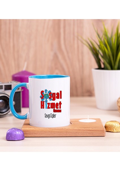Kişiye Özel Sosyal Hizmet Uzmanı Ahşap Altlıklı Mumlu Mavi Kupa Bardak
