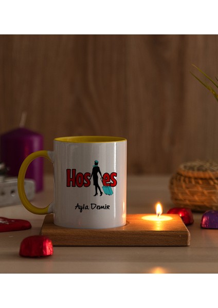 Kişiye Özel Hostes Ahşap Altlıklı Mumlu Sarı Kupa Bardak