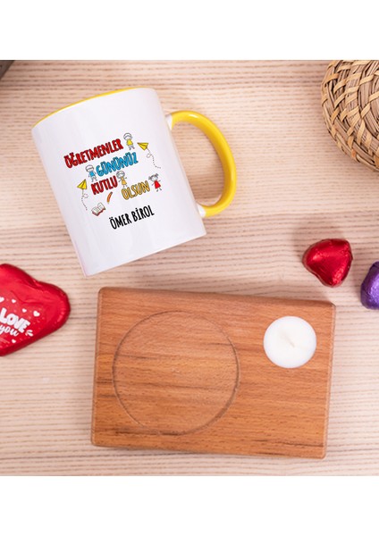 Kişiye Özel Öğretmenler Günü Ahşap Altlıklı Mumlu Sarı Kupa Bardak fiyatları