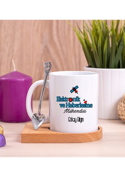 Kişiye Özel Elektronik Haberleşme Mühendisi Ahşap Altlıklı Kaşıklı Beyaz Kupa Bardak