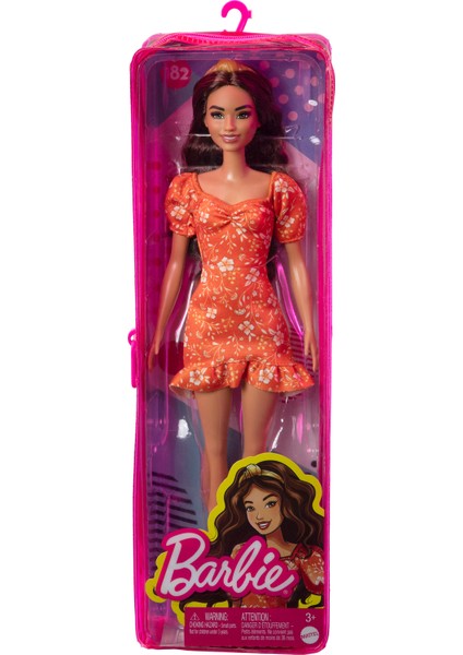 Fashionistas Bebek No. 182, Uzun Ve Dalgalı Koyu Renk Saçlı, Saç Bandı, Fırfır Detaylı Ve Çiçek Desenli Turuncu Elbise, Topuklu Ayakkabı, 3-8 Yaş Arası Hbv16