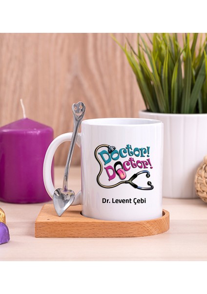 Kişiye Özel Doktor Doktor Ahşap Altlıklı Kaşıklı Beyaz Kupa Bardak