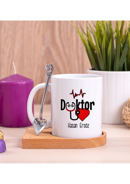 Kişiye Özel Doktor Ahşap Altlıklı Kaşıklı Beyaz Kupa Bardak