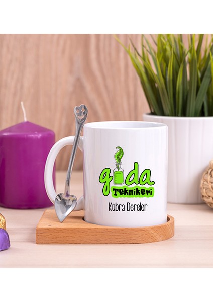 Kişiye Özel Gıda Teknikeri Ahşap Altlıklı Kaşıklı Beyaz Kupa Bardak
