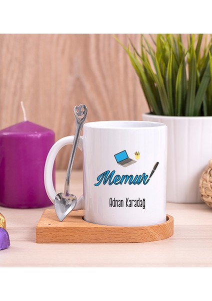 Kişiye Özel Memur Ahşap Altlıklı Kaşıklı Beyaz Kupa Bardak