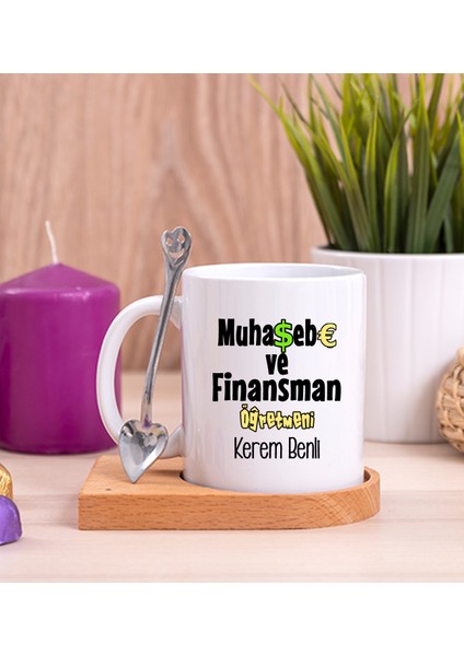 Kişiye Özel Muhasebe ve Finansman Öğretmeni Ahşap Altlıklı Kaşıklı Beyaz Kupa Bardak