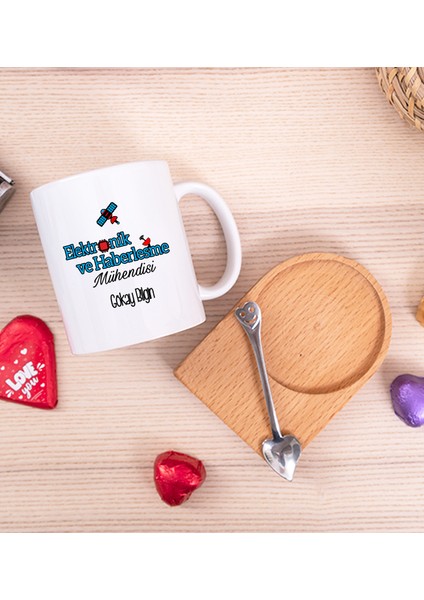 Kişiye Özel Elektronik Haberleşme Mühendisi Ahşap Altlıklı Kaşıklı Beyaz Kupa Bardak fiyatları