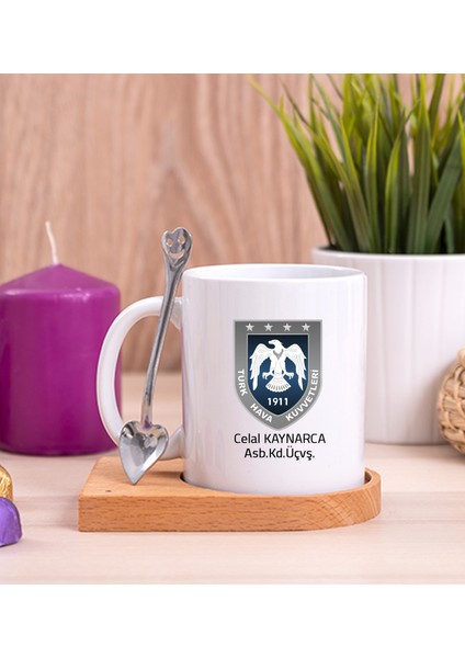 Kişiye Özel Hava Kuvvetleri Ahşap Altlıklı Kaşıklı Beyaz Kupa Bardak