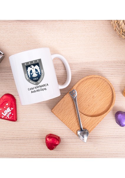 Kişiye Özel Hava Kuvvetleri Ahşap Altlıklı Kaşıklı Beyaz Kupa Bardak fiyatları