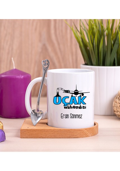 Kişiye Özel Uçak Mühendisi Ahşap Altlıklı Kaşıklı Beyaz Kupa Bardak