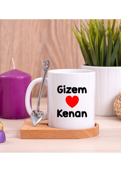 Kişiye Özel Sevgililere Özel Isim Yazılı Ahşap Altlıklı Kaşıklı Beyaz Kupa Bardak