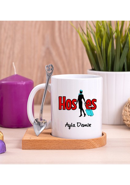 Kişiye Özel Hostes Ahşap Altlıklı Kaşıklı Beyaz Kupa Bardak