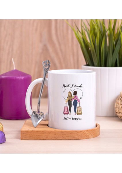 Kişiye Özel Best Friends Ahşap Altlıklı Kaşıklı Beyaz Kupa Bardak