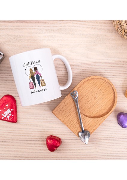 Kişiye Özel Best Friends Ahşap Altlıklı Kaşıklı Beyaz Kupa Bardak