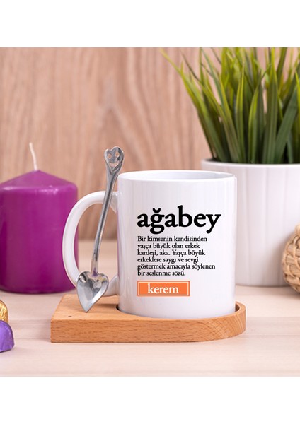Kişiye Özel Ağabey Kelime Anlamı Ahşap Altlıklı Kaşıklı Beyaz Kupa Bardak