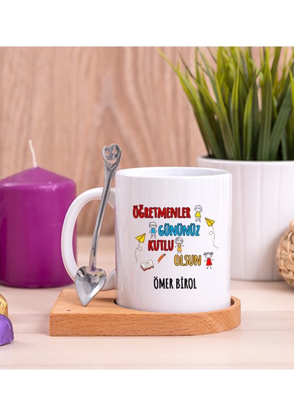 Kişiye Özel Öğretmenler Günü Ahşap Altlıklı Kaşıklı Beyaz Kupa Bardak