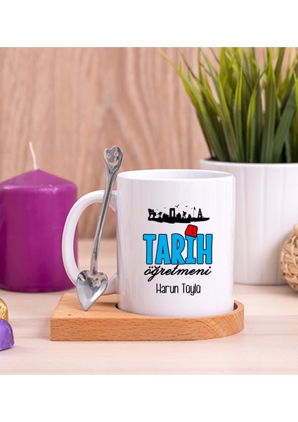 Kişiye Özel Tarih Öğretmeni Ahşap Altlıklı Kaşıklı Beyaz Kupa Bardak