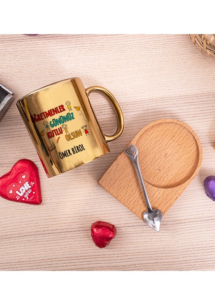 Kişiye Özel Öğretmenler Günü Ahşap Altlıklı Kaşıklı Gold Kupa Bardak fiyatları