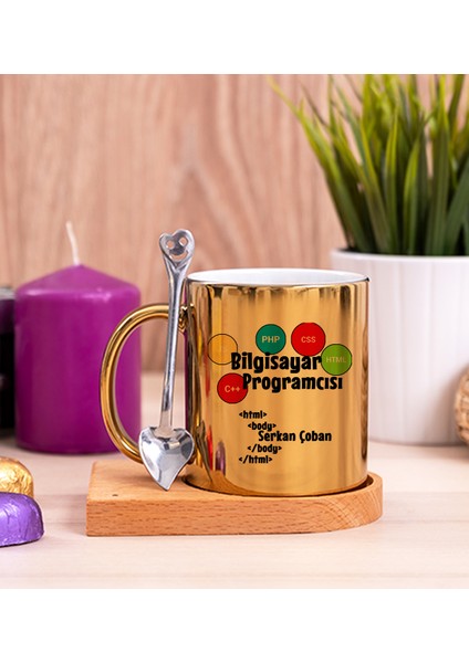 Kişiye Özel Bilgisayar Programcısı Ahşap Altlıklı Kaşıklı Gold Kupa Bardak