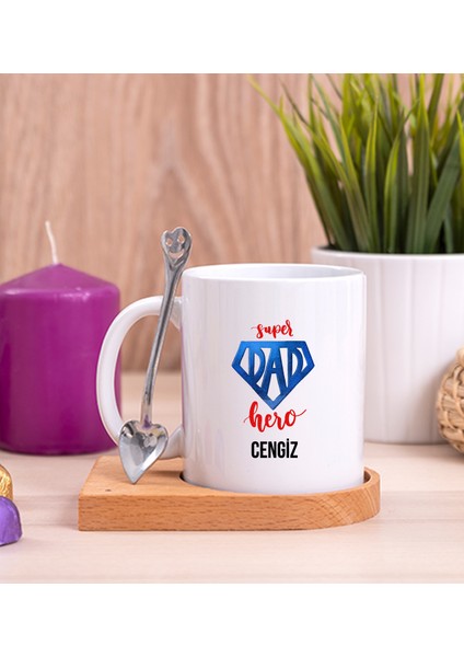Kişiye Özel Super Dad Babaya Hediye Ahşap Altlıklı Kaşıklı Beyaz Kupa Bardak