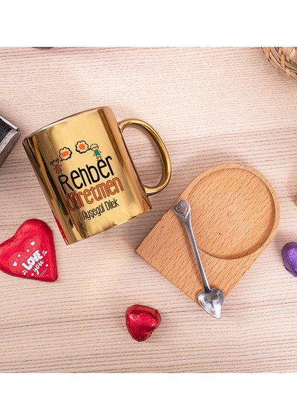 Kişiye Özel Rehber Öğretmen Ahşap Altlıklı Kaşıklı Gold Kupa Bardak fiyatları