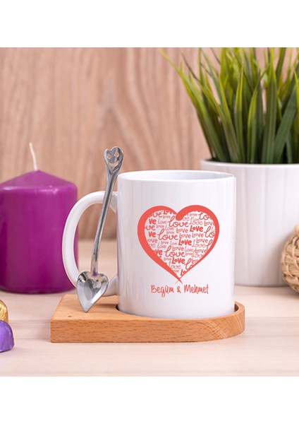 Kişiye Özel Kişiye Özel Kalpli Ahşap Altlıklı Kaşıklı Beyaz Kupa Bardak