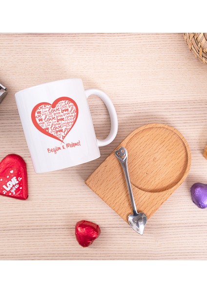 Kişiye Özel Kişiye Özel Kalpli Ahşap Altlıklı Kaşıklı Beyaz Kupa Bardak fiyatları